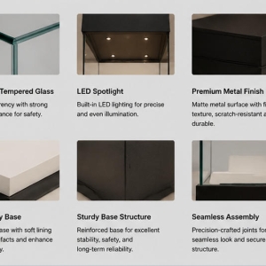 Material close-up seamless matte black tall cube cabinet body, low iron anti-reflection full vertical glass, soft white acid-free stepped display plinth for full surround glass case bronze artifact pedestal cabinet