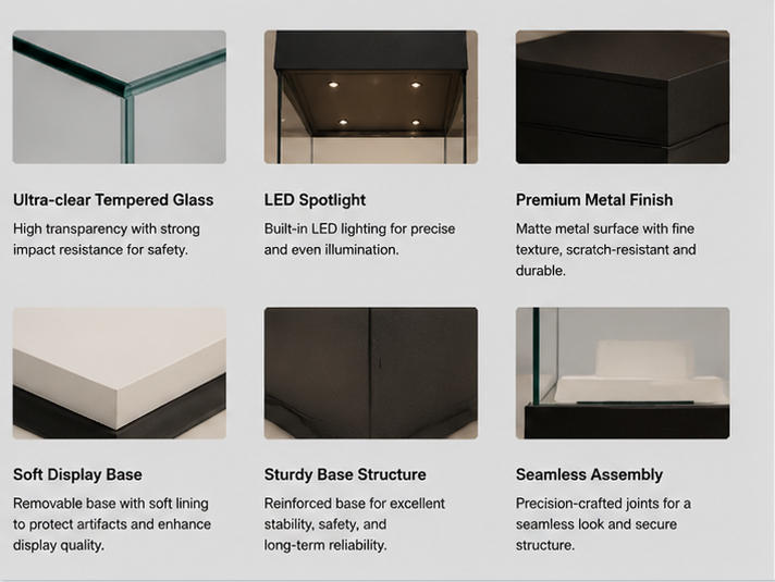 Material close-up seamless matte black tall cube cabinet body, low iron anti-reflection full vertical glass, soft white acid-free stepped display plinth for full surround glass case bronze artifact pedestal cabinet