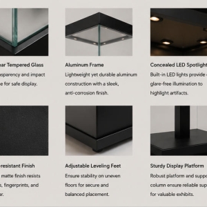 Square Bronze Vitrine | Central Stand Booth Wood Top Pedestal Case Tall Cube Glass Unit Metal Relic Display Cabinet 5 Material photo matte black square base frame, low iron anti-reflection tall glass, natural solid wood display top for wood top pedestal case metal relic display cabinet