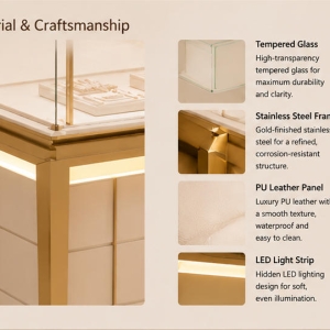 Gold Frame Jewelry Vitrine | Drawer Base Retail Booth Rectangle Glass Top Case Under Cabinet Light Unit Luxury Gem Display Cabinet 6 Material close-up seamless matte white multi-drawer storage cabinet, anti-oxidation electroplated gold frame, low iron clear glass for rectangle glass top case luxury gem display cabinet