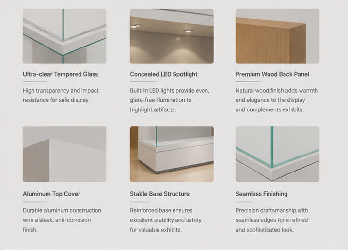 Material close-up seamless matte white slim tall outer frame, low iron anti-reflection vertical glass, moisture-proof solid wood lining for tall narrow art case scroll heritage display cabinet