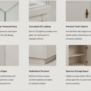 Square Storage Vitrine | Side Lock Cabinet Booth Green Edge Glass Case Compact Pedestal Unit Mixed Antique Relic Cabinet 5 Material close-up seamless matte white compact pedestal cabinet, safety green edged UV glass, hidden lock hardware for green edge glass case mixed antique relic cabinet