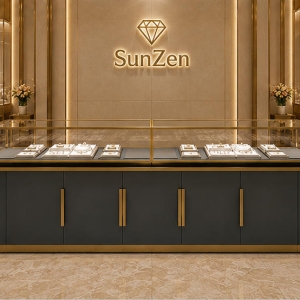 Jewelry Long Display Counter | Dual Compartment Glass Top Central Showcase – Sunzen 6 Real Installation Shot In Minimalist Dark Tone Large Fine Jewelry Flagship Store Long Central Sales Aisle Zone