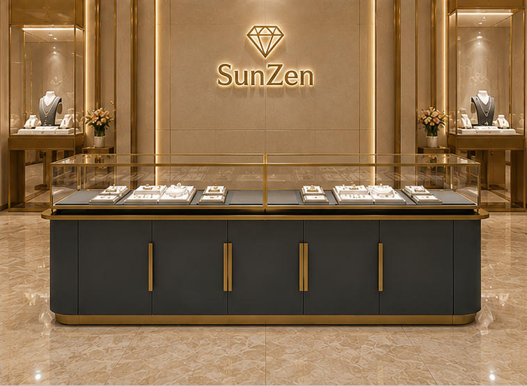 Real Installation Shot In Minimalist Dark Tone Large Fine Jewelry Flagship Store Long Central Sales Aisle Zone