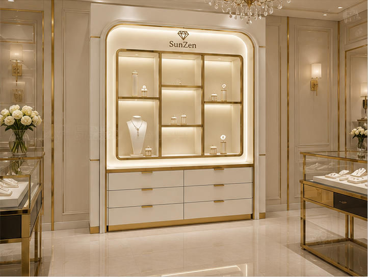 Real Installation Shot In Minimalist Light Luxury Jewelry Boutique