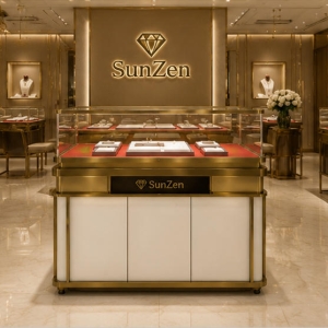 Real Installation Shot In Minimalist Light Luxury Small Fine Jewelry Boutique Central Sales Zone