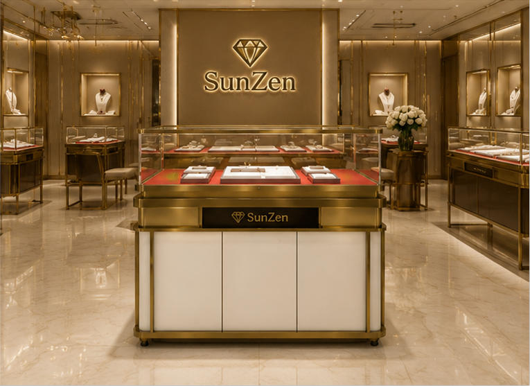 Real Installation Shot In Minimalist Light Luxury Small Fine Jewelry Boutique Central Sales Zone