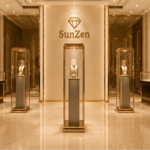 Real Installation Shot In Minimalist Luxury Fine Jewelry Boutique Corridor & Window Edge Zone