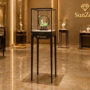 Real Installation Shot In Minimalist New Chinese Jade & Craft Jewelry Boutique Storefront Window & Aisle Side Focal Zone