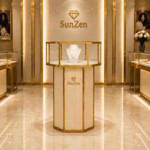 Jewelry Hexagon Pedestal Showcase | Light Wood Gold Frame Tall Display Tower – Sunzen 6 Real Installation Shot In Minimalist Light Luxury Fine Jewelry Boutique Window Front