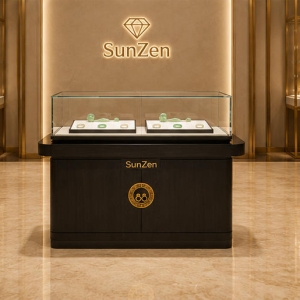 Jewelry Single Dark Wood Jade Display Counter | Round Carved Brass Knob Single Glass Oriental Showcase – Sunzen 6 Real Installation Shot In Mini New Chinese Jade Jewelry Shop & Mall Small Jade Booth Central Zone