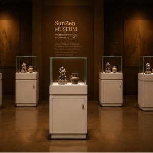 Square Storage Vitrine | Side Lock Cabinet Booth Green Edge Glass Case Compact Pedestal Unit Mixed Antique Relic Cabinet 6 On-site render square storage vitrine compact pedestal unit mixed antique relic cabinet installed in comprehensive antique culture museum exhibition hall
