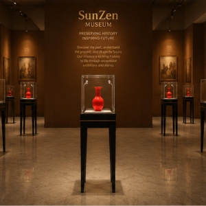 Four Leg Vitrine | Gold Trim Jewel Booth Slender Black Tall Case Mini Cube Glass Unit Red Vase Relic Cabinet 6 On-site render four leg vitrine mini cube glass unit red vase relic cabinet installed in modern ceramic art museum exhibition aisle