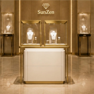 Real Installation Shot In Modern Light Luxury High-End Fine Jewelry Flagship Store Central Long Sales Aisle Zone