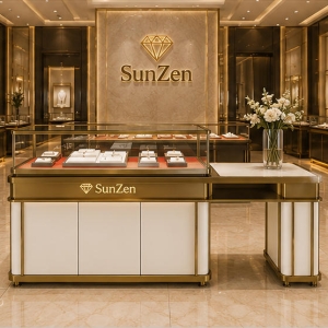 Jewelry L-Shaped Split Display Counter | White Gold Frame Red Liner Dual Zone Retail Showcase – Sunzen 6 Real Installation Shot In Modern Light Luxury Fashion Jewelry Boutique Entrance Front Desk Zone