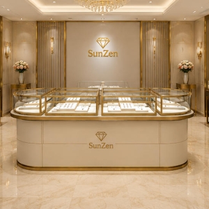Jewelry Oval Island Counter | Cream Dual Section Gold Glass Display Table – Sunzen 6 Real Installation Shot In Modern Light Luxury Jewelry Boutique Central Zone
