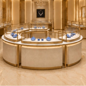 Modular Curved Jewelry Island Showcase | Circular Combined Boutique Jewelry Island Counter - SUNZEN 6 On-site Installation Shot Of Circular Modular Jewelry Island Showcase In Mall Jewelry Boutique