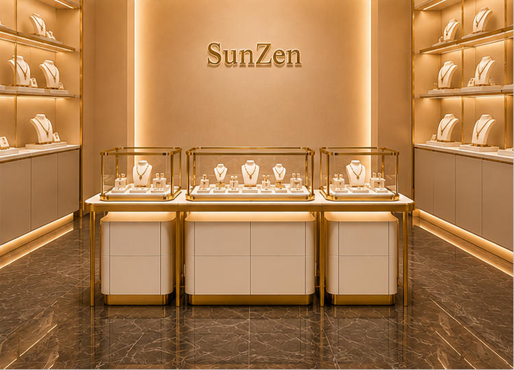 Full front render shot three-piece nested modular gold trim glass jewelry island inside minimalist luxury jewelry boutique