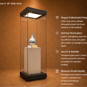 Tall Square Glass Plinth | Freestanding Heritage Vitrine Square Relic Display Tower – Sunzen Display 5 Feature close-up of four-sided UV low-iron glass, top integrated LED light panel, solid monolithic museum riser inside square relic display tower