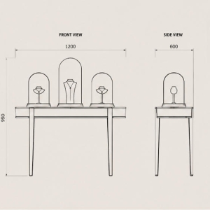 Multi Compartment Jewelry Front Showcase | Boutique Window Front Display Counter - SUNZEN 4 Separated Glass Compartment CAD Drawing of Jewelry Front Showcase