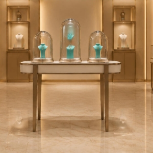 Multi Compartment Jewelry Front Showcase | Boutique Window Front Display Counter - SUNZEN 6 On-site Display Shot Of Multi Compartment Jewelry Front Showcase In Boutique Window
