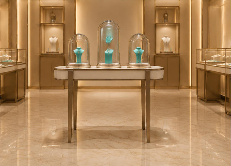 On-site Display Shot Of Multi Compartment Jewelry Front Showcase In Boutique Window