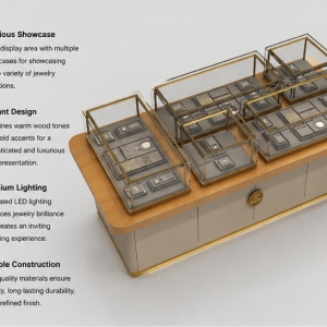 45 Degree Full Render of Wood Top Five Gold Frame Multi Zone Jewelry Central Island Table