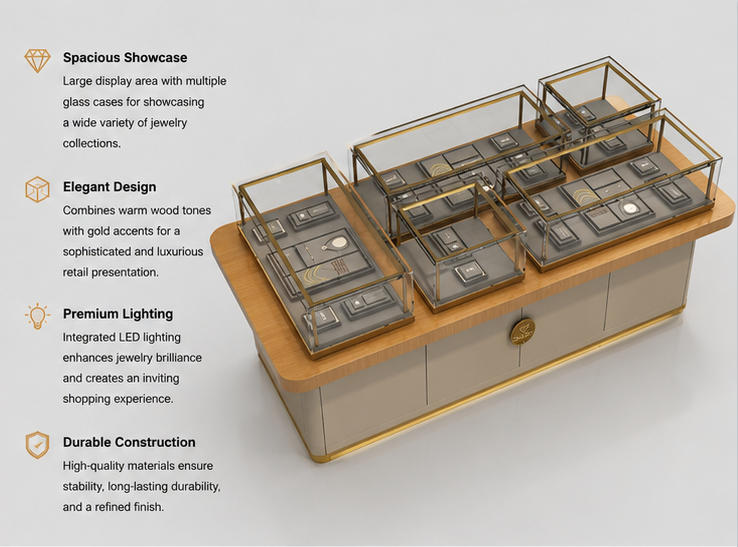 45 Degree Full Render of Wood Top Five Gold Frame Multi Zone Jewelry Central Island Table