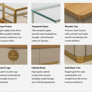 Material & Craft Close-up of Wood Top Multi Compartment Gold Frame Jewelry Island Counter