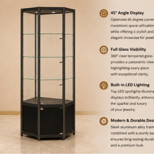 Hex Multi-Layer Jewelry Corner Showcase | Black Frame Tall Corner Glass Cabinet - SUNZEN 3 Hex Multi-Layer Jewelry Corner Showcase Black Frame Tall Glass Cabinet Render