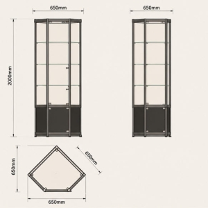 Hex Multi-Layer Jewelry Corner Showcase | Black Frame Tall Corner Glass Cabinet - SUNZEN 4 Hex Vertical Outline & 3-Tier Glass Shelf Mechanical CAD Drawing