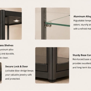 Hex Multi-Layer Jewelry Corner Showcase | Black Frame Tall Corner Glass Cabinet - SUNZEN 5 Black Metal Frame & 3-Tier Glass Shelf Lock Side Door Close-up