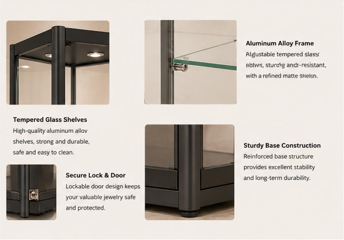 Black Metal Frame & 3-Tier Glass Shelf Lock Side Door Close-up