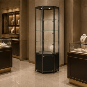 Hex Multi-Layer Jewelry Corner Showcase | Black Frame Tall Corner Glass Cabinet - SUNZEN 6 Hex Multi-Layer Black Frame Jewelry Corner Showcase Mall Boutique Wall Installation Shot