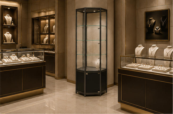 Hex Multi-Layer Black Frame Jewelry Corner Showcase Mall Boutique Wall Installation Shot