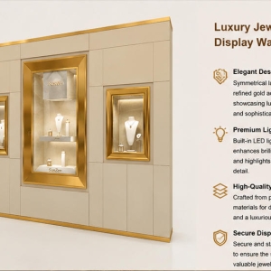 Triple Recess Wall Vitrine | Gold Trim Panel Wall Stepped Interior Shelf Wall Mounted Jewelry Booth Multi-Frame Gem Display Wall 4 Close-up three different size gold recess frames, white stepped layered display shelves, built-in soft anti-glare wall light inside triple recess wall vitrine gold trim panel wall