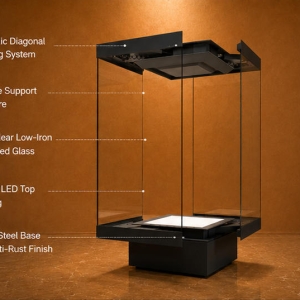 Custom Museum Display Cabinet | Diagonal Hydraulic Lift Security Showcase - SUNZEN 3 Museum Diagonal Hydraulic Showcase 45 Render