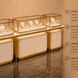 Gold Jewelry Glass Counter | Luxury Retail Display Kiosk - Sunzen 5 45° oblique render triple tier gold jewelry island nested glass jewelry booth cream leather cabinet feature labels