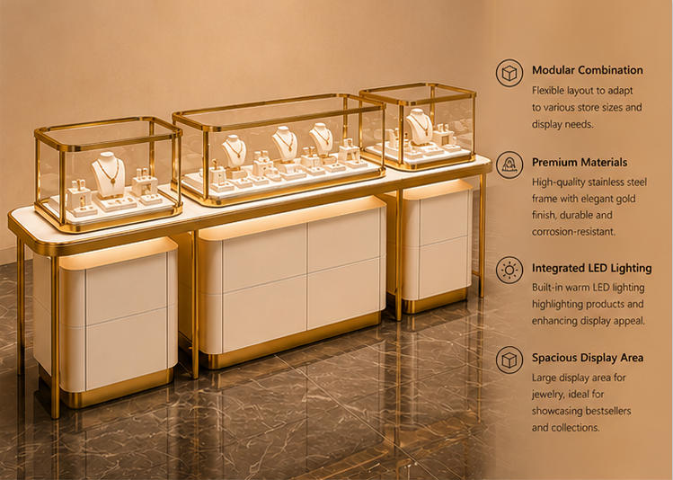 45° oblique render triple tier gold jewelry island nested glass jewelry booth cream leather cabinet feature labels