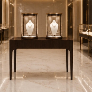 Real Installation Shot Of Dark Wood Curved Leg Jewelry Dual Cylinder Display Table In New Chinese Retro Fine Jewelry Boutique Entrance Long Window VIP Consultation Wall Focal Zone