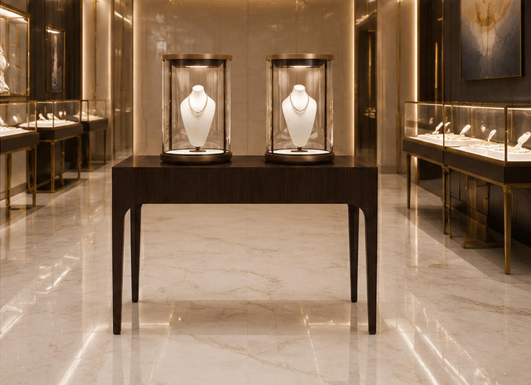 Real Installation Shot Of Dark Wood Curved Leg Jewelry Dual Cylinder Display Table In New Chinese Retro Fine Jewelry Boutique Entrance Long Window VIP Consultation Wall Focal Zone