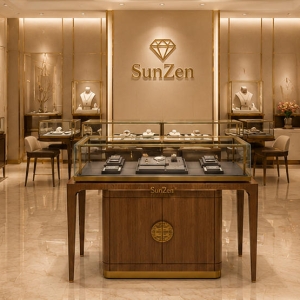 Jewelry Chinese Wood Counter | Rectangle Gold Frame Glass Jade Jewelry Showcase – Sunzen 6 Real Installation Shot In New Chinese Oriental Jade Jewelry Boutique Central Sales Zone