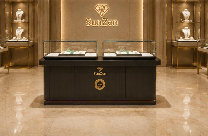 Real Installation Shot In New Chinese Oriental Jade Fine Jewelry Boutique Central Core Sales Zone