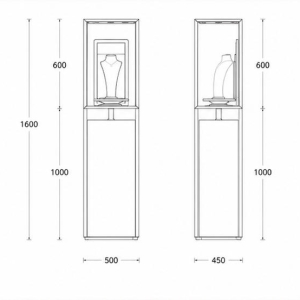 Open Gold Frame Pedestal | Raised Inner Display Shelf Vertical Beige Base Unit Ceiling Dot Spot Booth Single Necklace Display Tower 3 CAD layout open gold frame pedestal raised inner display shelf vertical beige base unit ceiling dot spot booth single necklace display tower dimension drawing