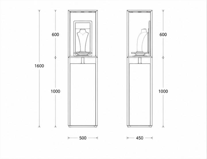 CAD layout open gold frame pedestal raised inner display shelf vertical beige base unit ceiling dot spot booth single necklace display tower dimension drawing