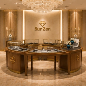 Jewelry C-Shape Curved Island Counter | Natural Wood Multi Arc Glass Retail Display Table – Sunzen 6 Real Installation Shot In Oriental Light Luxury Fine Jewelry Flagship Central Zone