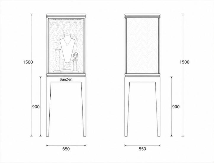 CAD layout pattern gold back pedestal four leg tower vitrine top strip light booth necklace bust interior branded tall gem stand dimension drawing
