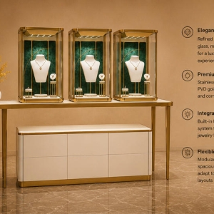 Velvet Jewelry Stand | Gold Frame Display Table - Sunzen 5 45° oblique render velvet jewelry stand gold frame display table lockable necklace display case white storage cabinet feature labels