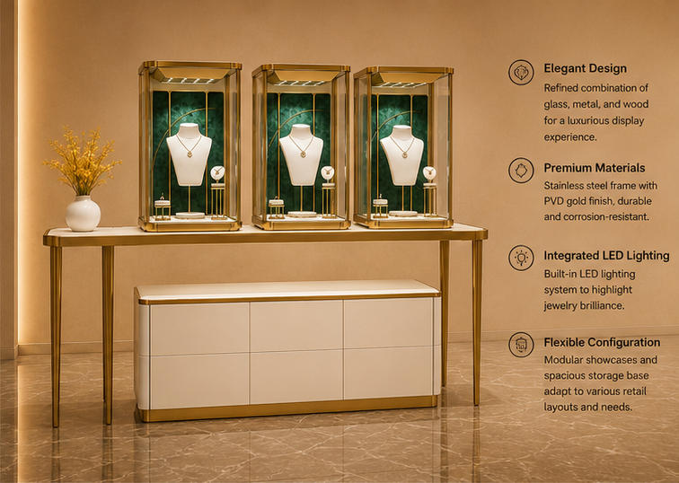 45° oblique render velvet jewelry stand gold frame display table lockable necklace display case white storage cabinet feature labels
