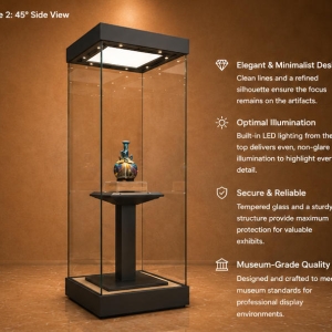 Tall Square Artifact Vitrine | Central Pillar Museum Plinth Slim Vertical Museum Booth – Sunzen Display 5 Feature close-up of four-sided UV tempered glass, top embedded LED light panel, central pillar elevated relic display riser inside slim vertical museum booth